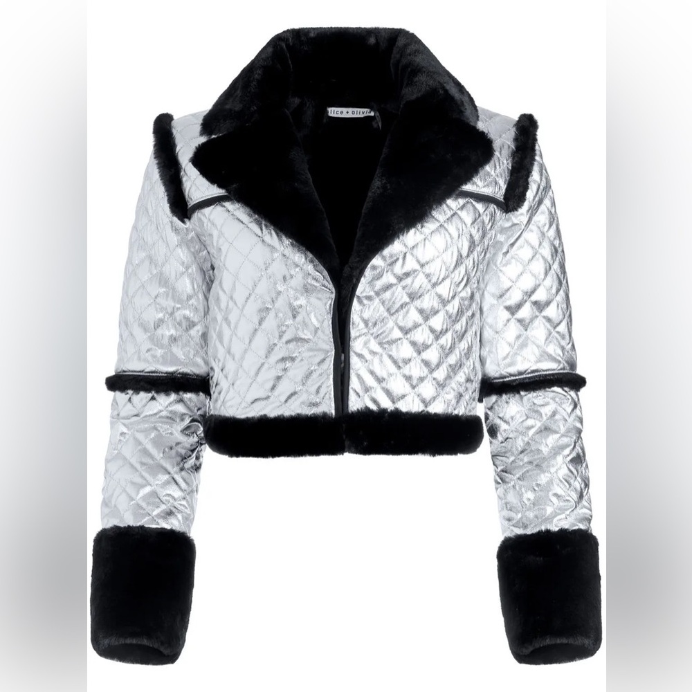 Alice + Olivia Silver Quilted Puffer Jacket with Black Faux Fur Trim